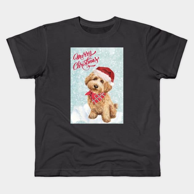 Golden Cockapoo Merry Christmas Santa Dog Kids T-Shirt by Puppy Eyes